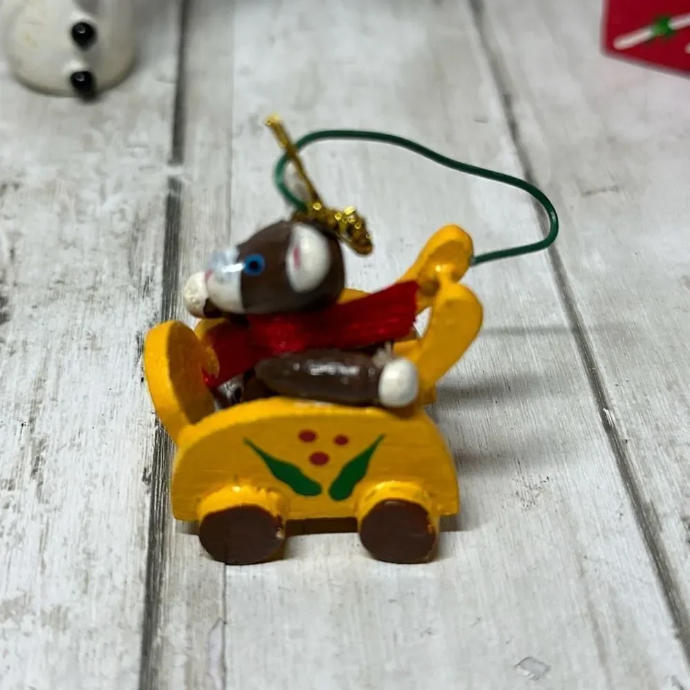Vintage Wooden Christmas Ornaments set of 5 Snowman‎ Jack-in-the-box Train Harp
